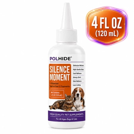 POLHIDE Silence Moment Calming Supplement for Dogs & Cats, L-Theanine, Valerian Root & Chamomile, Sleep & Daily Calm Wellness Support, 4 fl oz / 120 mL