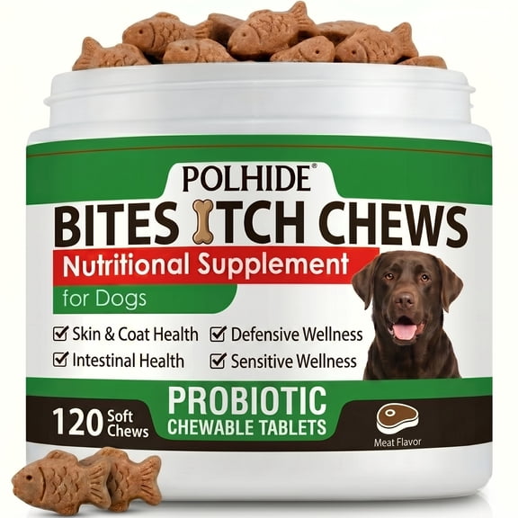 POLHIDE Allergy Probiotic Chews for Dogs, Yeast & Itch Relief, Skin Coat & Gut Health, 3 Billion CFU, Pork Flavor, 120 Count
