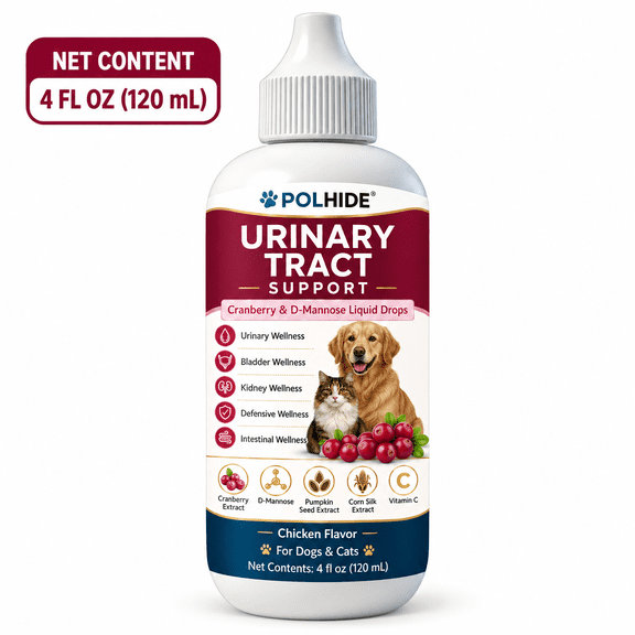 POLHIDE Urinary Tract Support Liquid Drops for Dogs & Cats, Cranberry & D-Mannose, Bladder and Kidney Wellness, Chicken Flavor, 4 fl oz (120 mL)