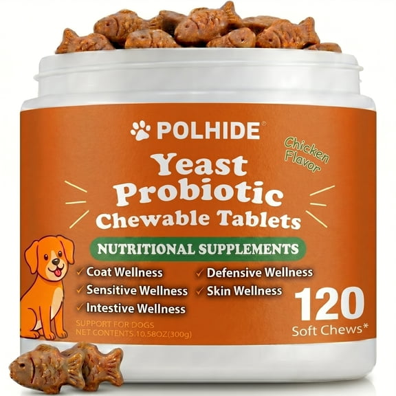 POLHIDE Yeast Probiotic Chews for Dogs, Gut Health & Sensitive Skin Support, Itch Relief Dietary Supplement, 3 Billion CFU, Chicken Flavor, 120 Count