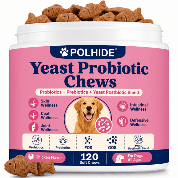 POLHIDE Yeast Probiotic Chews for Dogs, Itch Relief Sensitive Skin and Gut Health Support, 3 Billion CFU, Meat Flavor, 120 Count