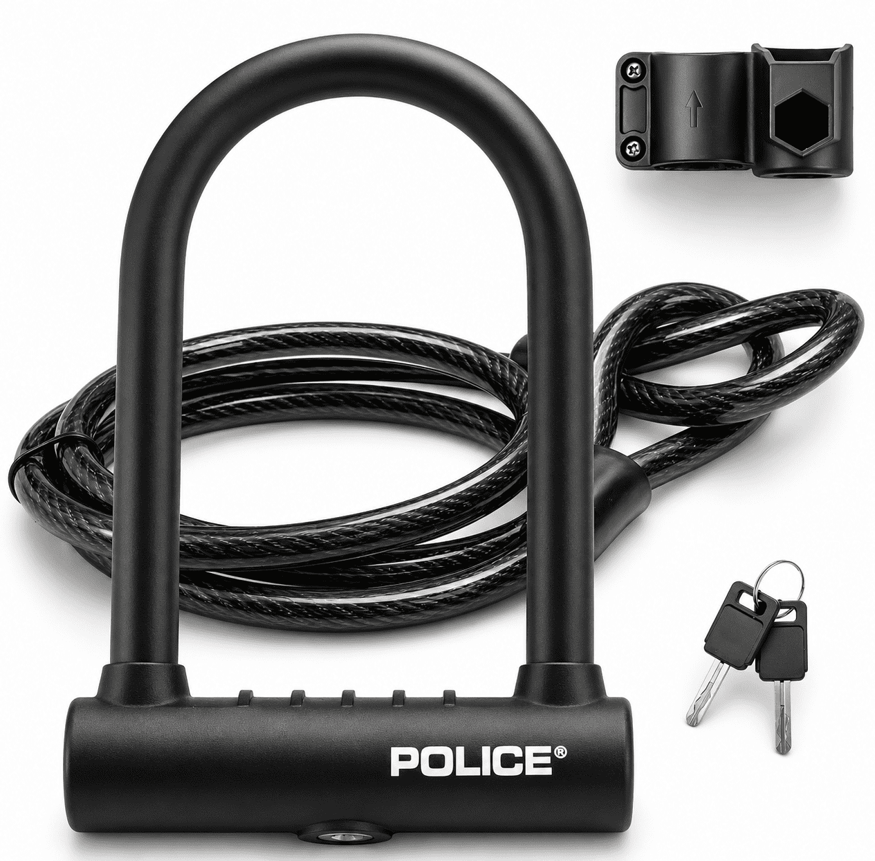 POLICE U-Lock Bike Lock with Key, U-Lock for Bicycles, Lock for Scooters, Outdoor Equipment Silicone-Coated Bike Lock with Cable Heavy Duty Black