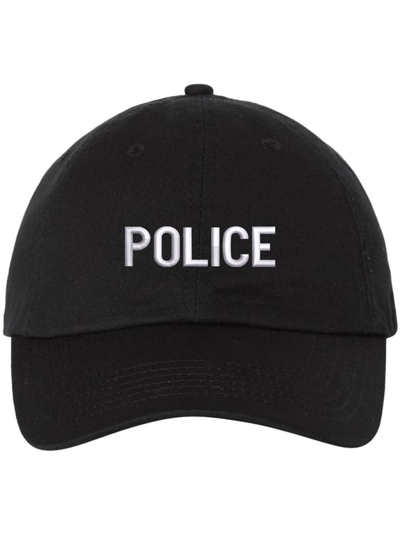 POLICE Unstructured Dad Hat Low Profile Adjustable Baseball Cap for Security, Guard & Law Enforcement Uniforms (BlackWithWhiteText)