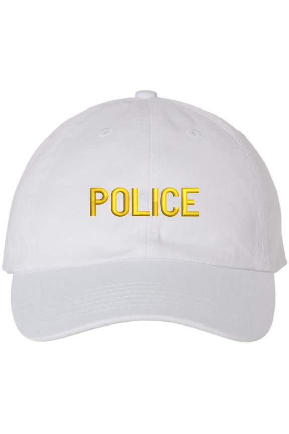 POLICE Unstructured Dad Hat Low Profile Adjustable Baseball Cap for Security, Guard & Law Enforcement Uniforms (WhiteWithGoldText)