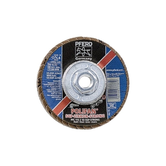 POLIFAN Flap Disc, 4-1/2 in dia, 50 Grit, 5/8 in - 11 Thread, 13300 RPM, Type 29