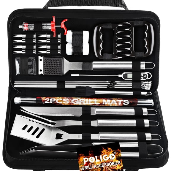 POLIGO 28PC Exclusive BBQ Grill Accessories in Carrying for Birthday Christmas Grilling Gift - Premium Grill Utensils Set with Barbecue Claws, Meat Injector, Thermometer for Smoker, Camping BBQ Y101