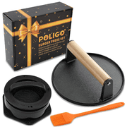 POLIGO Smash Burger Press Kit - 4 in 1 Hamburger Patty Storage Containers,6.69 Round Cast Iron Smash Bacon Press- Non Stick Smash Burger Press Set for Grill and Griddle Cooking