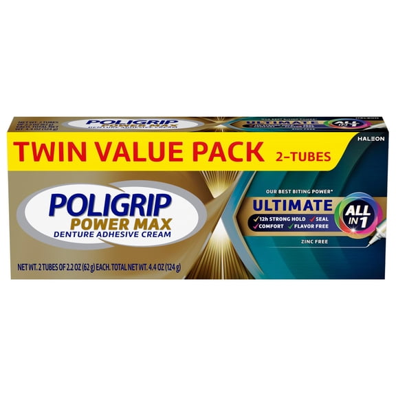 Poligrip Power Max Ultimate All-In-1 Denture Adhesive Cream, Zinc Free, 2.2 Oz (2 Pack)