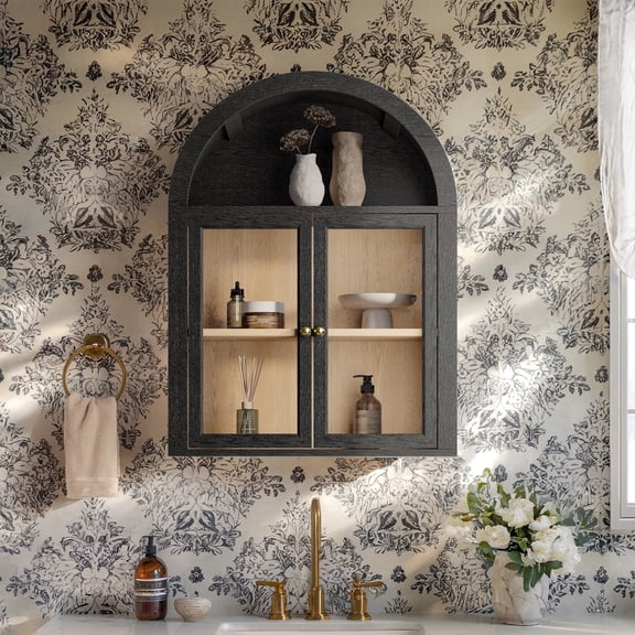 POLIHOME Arched Wall Mounted Display Medicine Cabinets with Tempered Glass Doors and Adjustable Shelf for Bath or Living Room,in Black