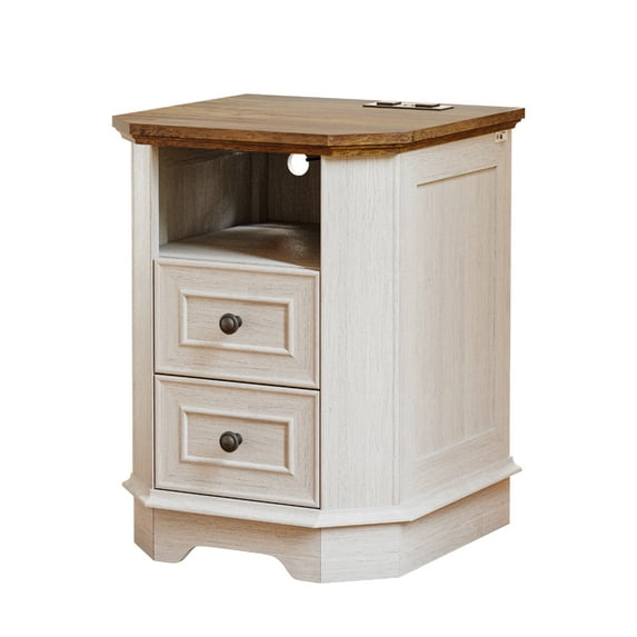 POLIHOME Nightstand with Charging Station, 18" End Table with 2 Drawers, Farmhouse Wooden Side Table, Bedside Table for Bedroom, Living Room (1, White)