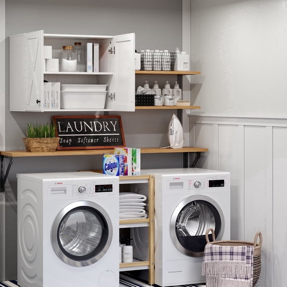 POLIHOME Laundry Room Wall Cabinet Wall Mounted Storage Cabinets with 2 Barn Doors and Adjustable Shelves, 24inch