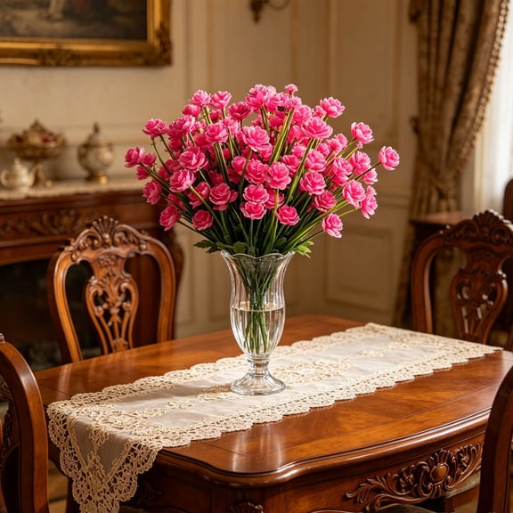 POLISE Spaces 2 Pack Artificial 7-Prong Pink Spring Flower Bushes 14.9 Inch Fake Floral Stems With Green Foliage For Dining Table Or Living Room Decor
