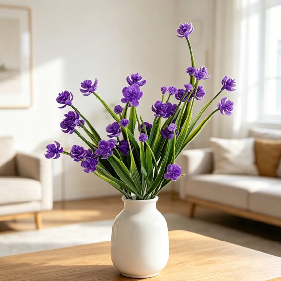 POLISE Spaces 2 Pack Artificial 7-Prong Purple Spring Flower Bushes 14.9 Inch Fake Floral Stems With Green Foliage For Dining Table Or Living Room Decor
