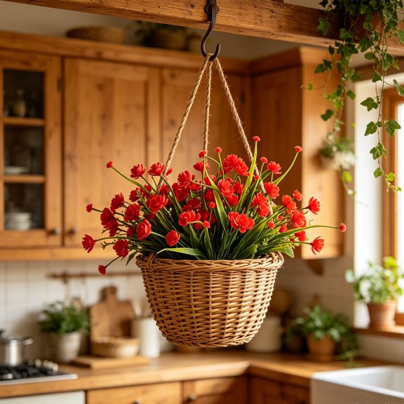 POLISE Spaces 2 Pack Artificial 7-Prong Red Spring Flower Bushes 14.9 Inch Fake Floral Stems With Green Foliage For Dining Table Or Living Room Decor