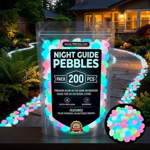 POLISE Spaces 200 Pack Glow in the Dark Garden Pebbles Colorful Luminous Stones Solar Powered Waterproof Decor for Outdoor Pathways Landscaping and Aquariums