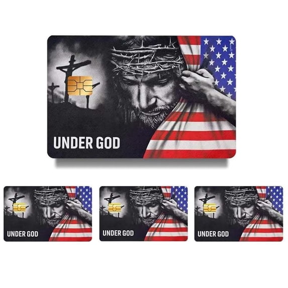 POLISE Spaces 4Pcs Religious Patriotic Credit Card Skin 3.39x2.13 Inch Under God Jesus American Flag Vinyl Sticker for Standard Debit Cards