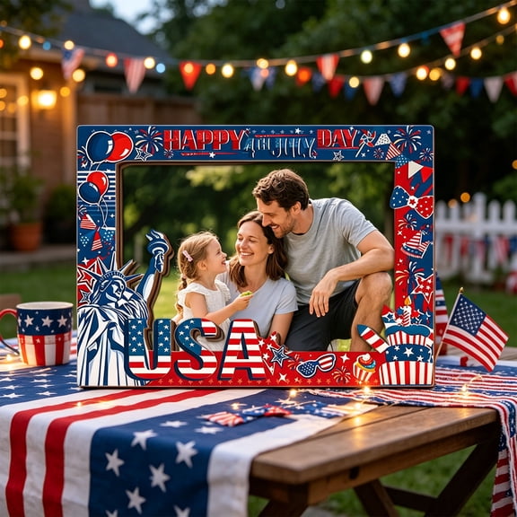 POLISE Spaces 4th of July Wooden Photo Frame Patriotic Design with Built In Stand for Home Mantel and Summer Holiday Decor