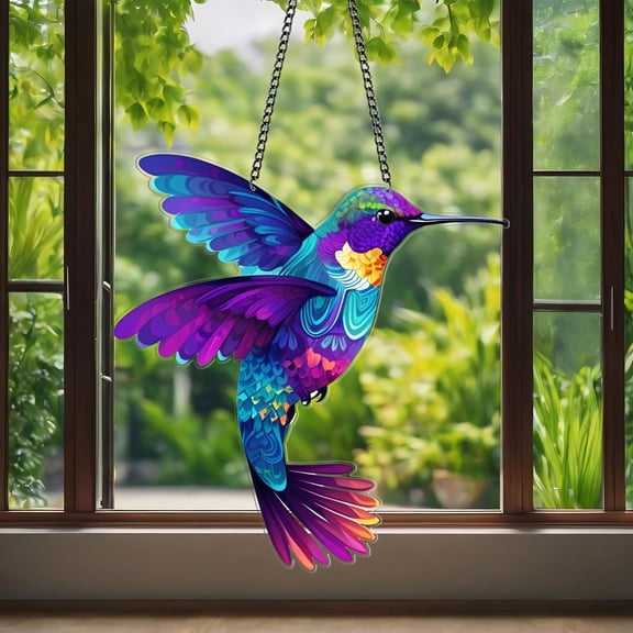 POLISE Spaces Acrylic Hummingbird Suncatcher, Double-Sided Printed Window Hanging Decor with Iron Chain, Colorful Bird Ornament for Home Garden Gift, 1 Piece