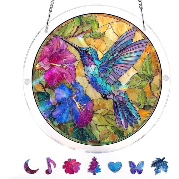 POLISE Spaces Acrylic Jigsaw Puzzle Suncatcher Crystal Suncatcher Hummingbird Fuchsia Floral Window Hanging Decor For Indoor Home Use 7.4Inch Mother's Day Gifts
