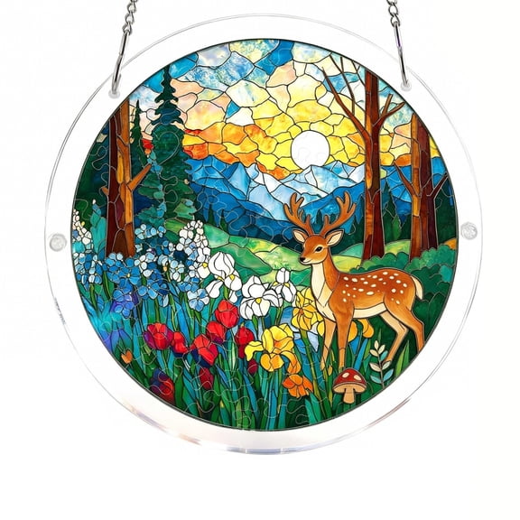 POLISE Spaces Acrylic Jigsaw Puzzle Suncatcher Deer And Forest Sunset Tiffany Style Stained Glass Dream Catchers For Adults Window Hanging Decor For Nature Inspired Home 7.4Inch Mother's Day Gifts