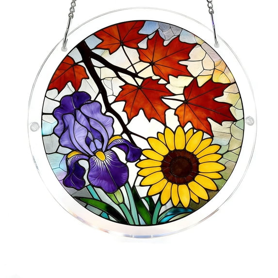 POLISE Spaces Acrylic Jigsaw Puzzle Suncatcher Fall Maple Iris And Sunflower Tiffany Style Stained Glass Decor Dream Catchers For Adults Window Decor For Garden And Balcony 7.4Inch Mother's Day Gifts