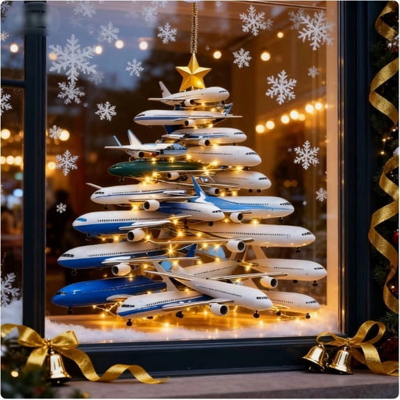 POLISE Spaces Airplane Christmas Ornaments Set Aviation Theme Decor with Hanging Hooks for Tree and Mantel, 5 Inch Festive Holiday Home Decoration Indoor Outdoor Use for Xmas Party Gift, 12 Pack