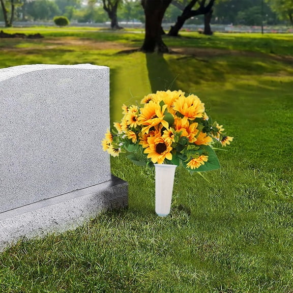 POLISE Spaces Artificial Cemetery Sunflower Bouquet 12.2 Inch Weather Resistant Grave Flowers With Vase For Memorial Decor