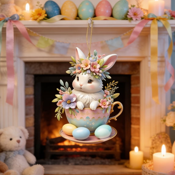 POLISE Spaces Bunny in Teacup with Flowers 2D Acrylic Easter Ornament for Tree, Wall or Shelf, Pastel Egg & Floral Design, Spring Home Decor & Gift for Collectors