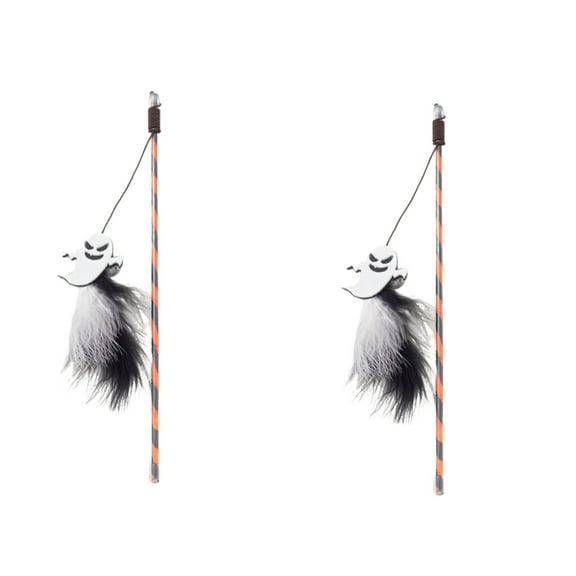 POLISE Spaces Cat Teaser Wand Toy for Indoor Cats, 2-Pack Plush Pumpkin Ghost Design with Feather and Sequins, Polyester Rope, Pet Play Accessory, 11.8 Inch