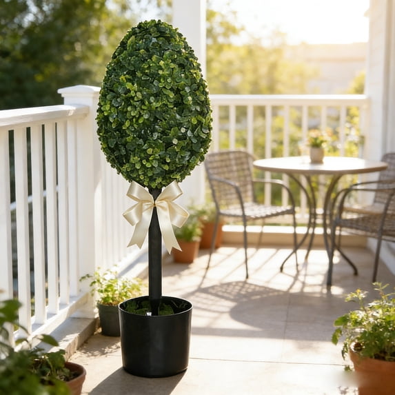 POLISE Spaces Easter Bunny Egg Tree – 29.5 Inch Simulated Boxwood Potted Plant with Rabbit Ornaments, Spring Artificial Yew Topiary for Table Mantel Porch, Holiday Home Decor Accent