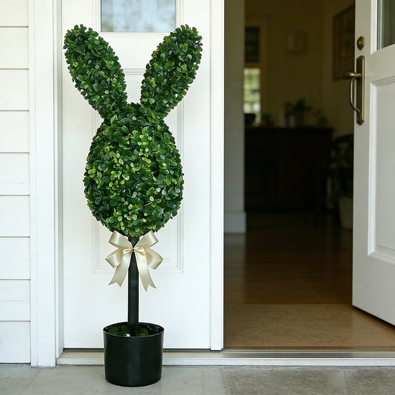 POLISE Spaces Easter Bunny Egg Tree – 29.5 Inch Simulated Boxwood Potted Plant with Rabbit Ornaments, Spring Artificial Yew Topiary for Table Mantel Porch, Holiday Home Decor Accent
