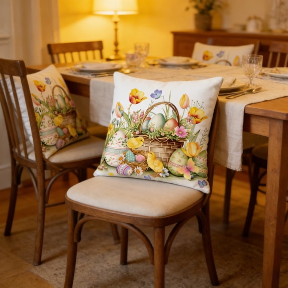 POLISE Spaces Easter Bunny Pillow with Basket & Eggs 18x18 Inch Watercolor Floral Throw Cushion for Sofa, Bed or Patio, Soft Decorative Accent & Holiday Gift Idea