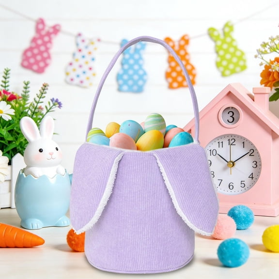 POLISE Spaces Easter Corduroy Rabbit Handheld Basket – 9.1x8.9 Inch Flocked Bunny Ears Storage Tote, Spring Holiday Candy Egg Holder with Handles, Collapsible Home Decor Accent