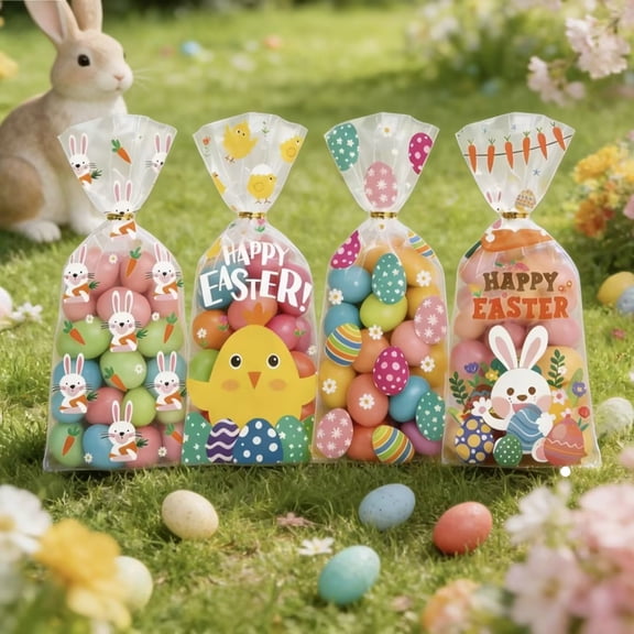 POLISE Spaces Easter Treat Bags Bulk 100 Ct, 10.6x4.9 Inch Cellophane Candy Bags with Ties, Festive Chick Rabbit & Egg Design for Holiday Party Favors, Gift Wrapping, and Spring Event Goodie Bags