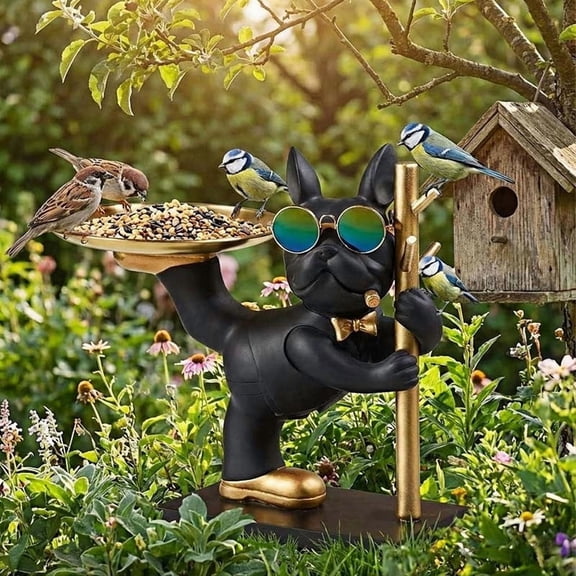 POLISE Spaces French Bulldog Bird Feeder, Whimsical Themed Decor with Black & Gold Color, 10.5 Inch Height Indoor/Outdoor Feeding Station, Decorative Sculpture with Feeding Tray