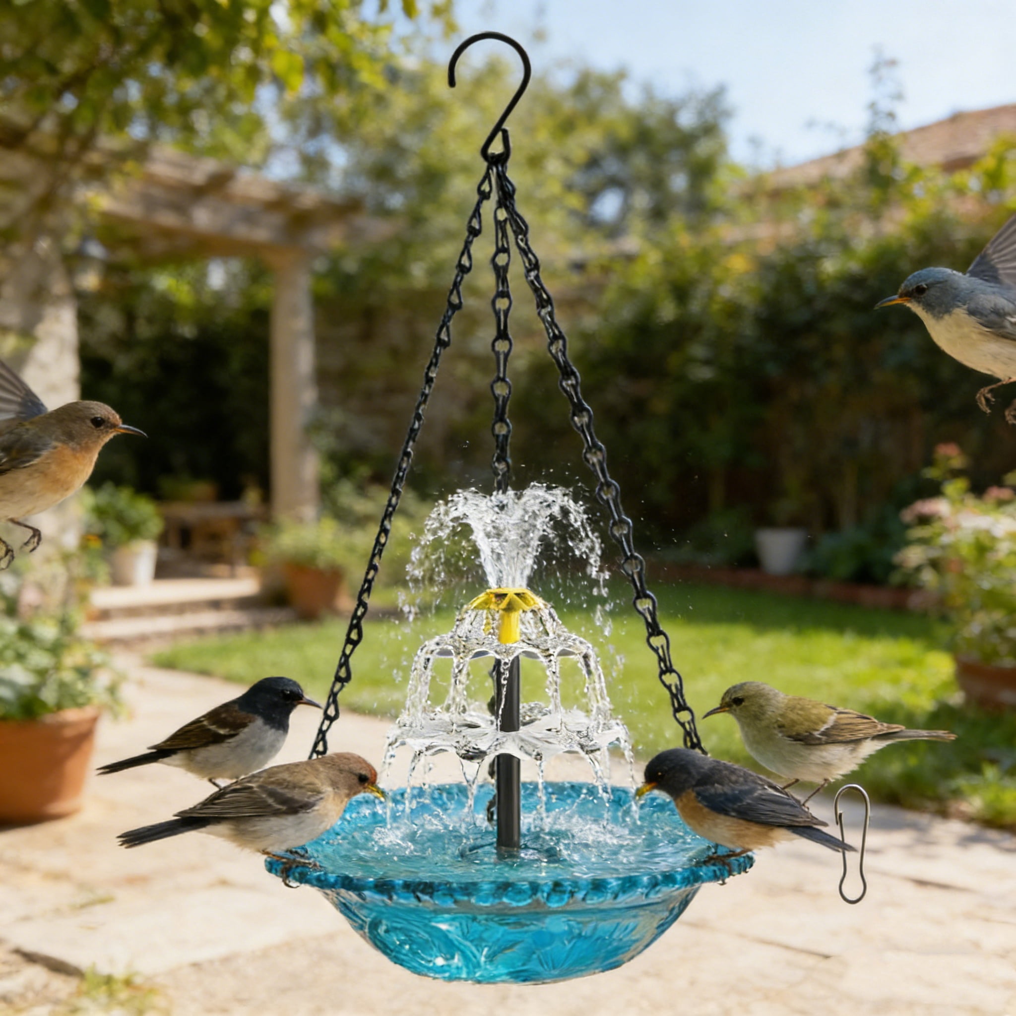 POLISE Spaces Hanging Solar Bird Bath with Fountain and Feeder, 3-in-1 Outdoor Solar Powered Bird Waterer/Drinking Fountain/Bird Feeder for Garden Lawn Patio