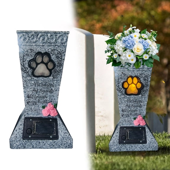 POLISE Spaces Resin Memorial Garden Vase – 15.2x3.7 Inch Gray Monument Flower Holder with Light, Human Pet Cemetery Decor, Outdoor Patio Memorial Ornament, Home Holiday Accent