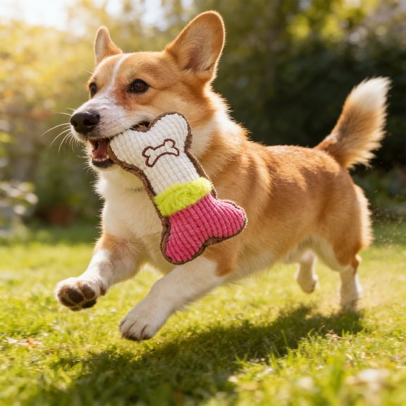 POLISE Spaces Squeaky Chew Toy for Cats and Dogs, Plush Bone Shape with Built-in Squeaker, Durable and Soft Interactive Play Toy for Pets, 6.69x3.94 Inches