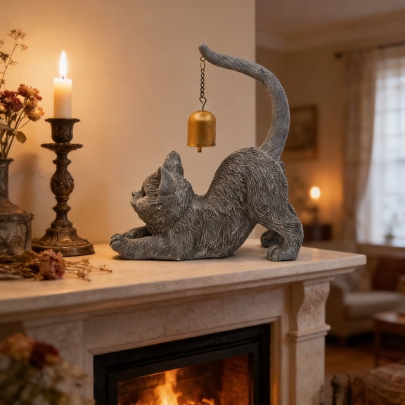 POLISE Spaces Stretching Cat Statue with Tail Bell Gray White Resin Garden or Table Ornament, Realistic Home Decor for Shelf, Patio or Yard, Elegant Accent & Gift