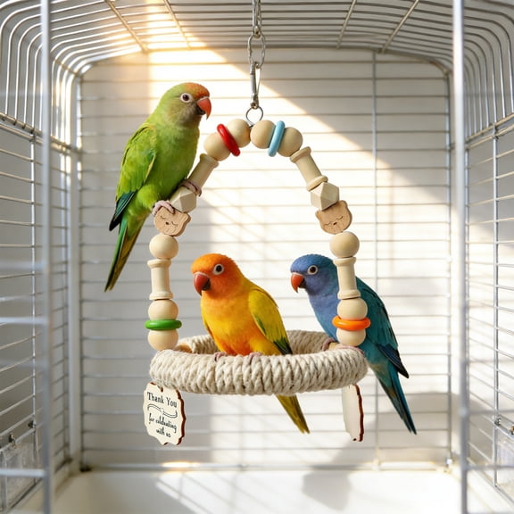 POLISE Spaces Wooden Parrot Perch with Sandstone Claw Sharpening Surface, Colorful Beaded Swing and Grooming Stand for Pet Birds and Parrots