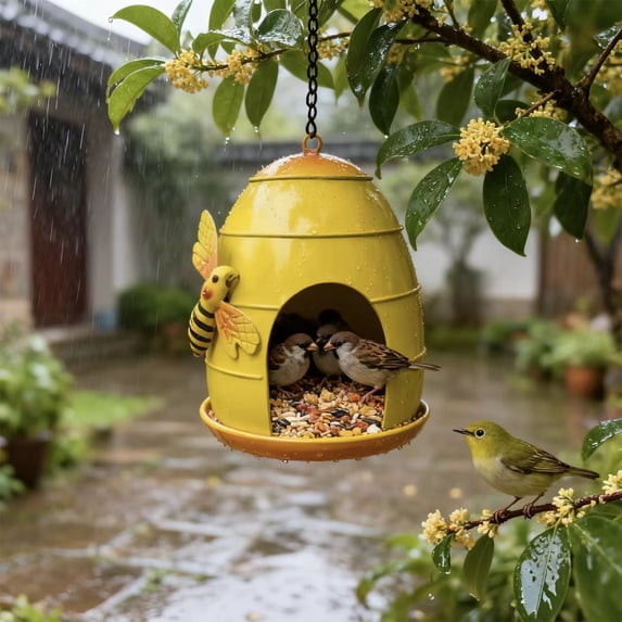 POLISE Spaces Wrought Iron Hanging Bird Feeder Outdoor, 9.25 x 7.09 x 6.69 Inch Artistic Design, Rust Resistant Mesh Tray for Garden & Hummingbirds, Decorative Metal Feeder
