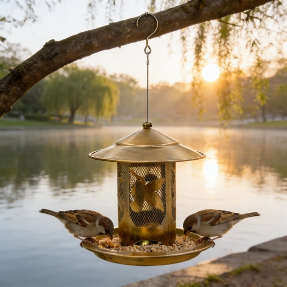 POLISE Spaces Wrought Iron Hummingbird Feeder, Gazebo Style Metal Craft 7.28 x 16.5 Inch Outdoor Garden & Patio Feeder, Gold Finish with Slanted Roof for Sun & Rain Protection
