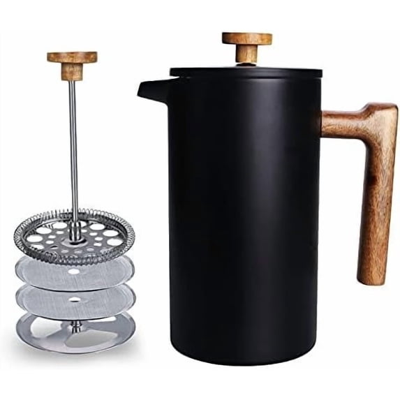 POLIVIAR French Press Coffee Maker, 34 Ounce Coffee Press with Real Wood Handle, Double Wall Insulation & Dual- Filter Screen, Food Grade Stainless Steel for Good Coffee and Tea (Vintage)