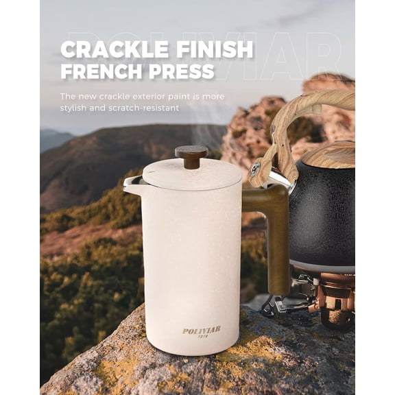 POLIVIAR French Press Coffee Maker 34oz with Real Wood Handle, Double Wall Insulation & Dual-Filter Screen, Stainless Steel for Hot Coffee and Tea