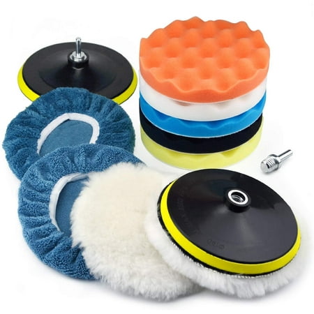 POLIWELL 13Pcs 7 inch Auto Body Repair Waxing Buffing Polishing Pads Kit Car Foam Sponge Pads Wool Bonnet Pads