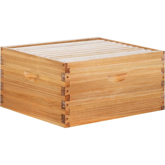 POLLIBEE 10 Frame Beehive Box, Langstoth Deep Brood Box Sections of Wood for Beehives, Bee Box Dipped in Heavy Beeswax Includes Wooden Beehive Frames & Waxed Foundations (Unassembled)