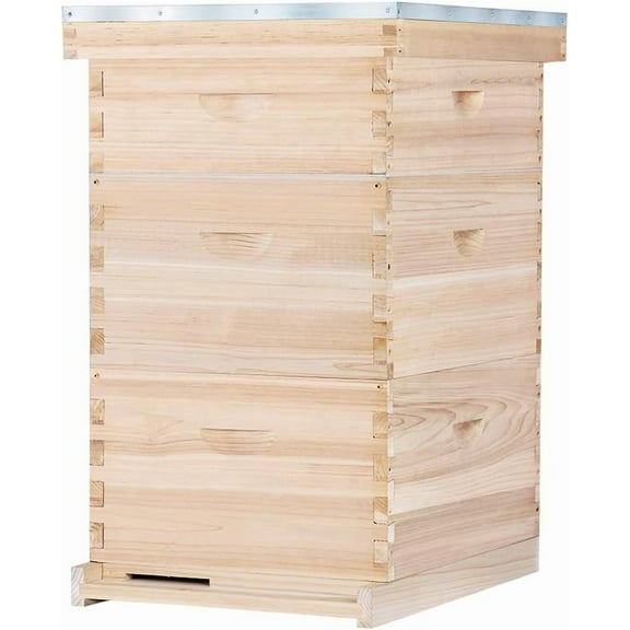 POLLIBEE Bee Hive,10 Frame Bee Hives Boxes Starter Kit, Langstroth Beehives Include 2 Deep Hive Boxes and 1 Medium Super Bee Box, Include Bee Hive Frames and Wax Foundation Sheet.