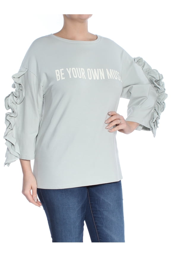 $34 Womens New 1046 Green Graphic Ruffled Sleeve Sweater L B+B