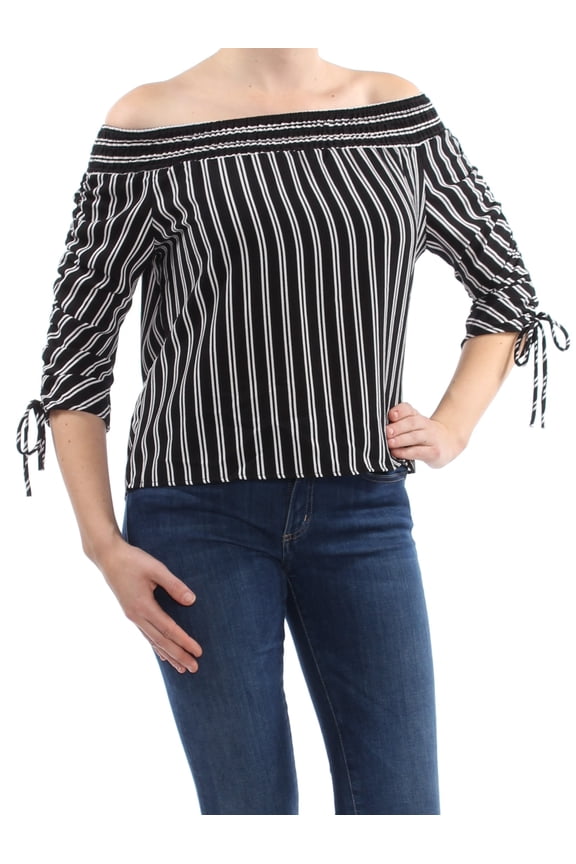 $34 Womens New 1204 Black Striped Tied Cuff 3/4 Sleeve Top L B+B