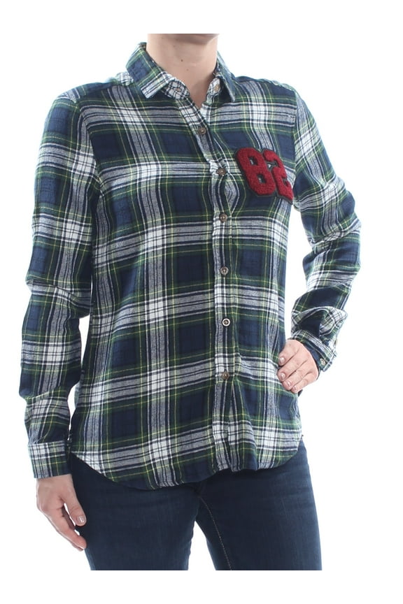 $34 Womens New 1717 Navy Plaid Patch Button Up Top S Juniors B+B